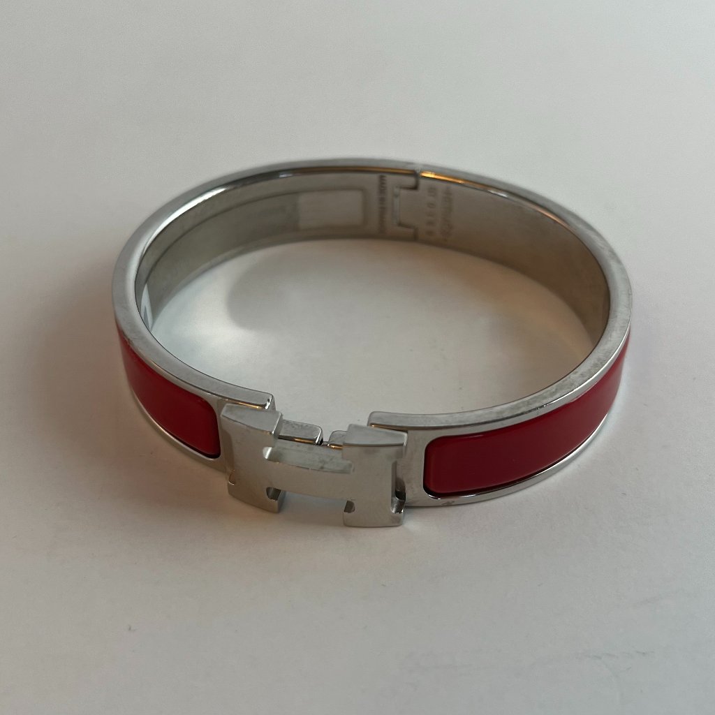 Hermes Red And Silver Narrow Clic Clac H Bracelet